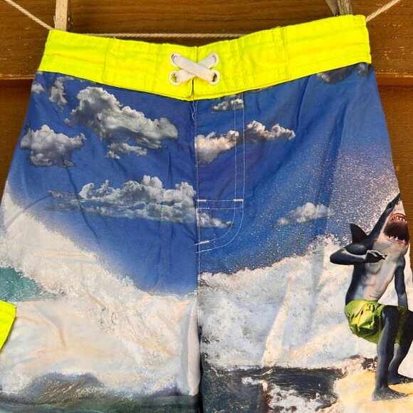 OP Boys Shark Swim Trunks Blue Ocean Surf Print Neon Yellow Waistband Size M 8 - Picture 4 of 9